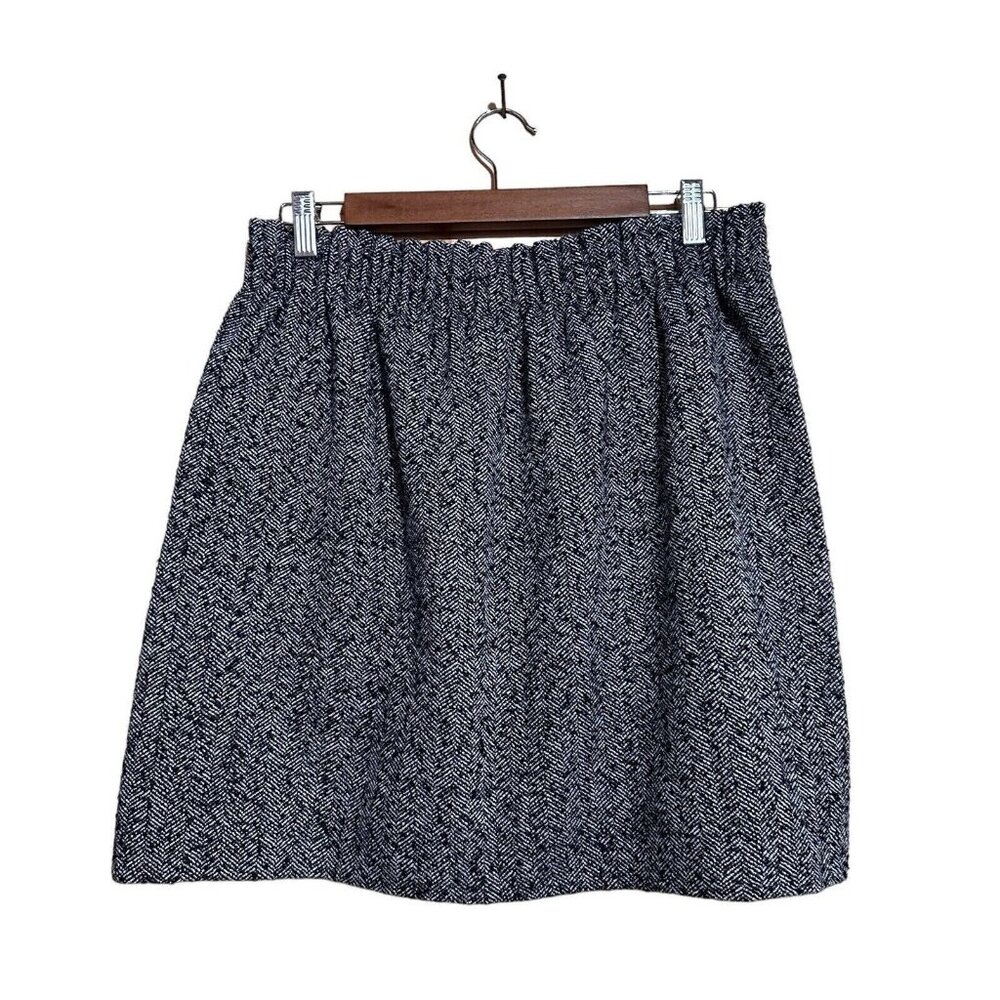 J.Crew Herringbone Mini Skirt‎ Size 10 Black White Wool Blend Pull On F4530 FA16